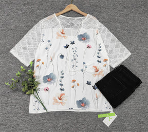 SpringStil® - Geo Lace Mesh Floral Print White ¾ Sleeve Top