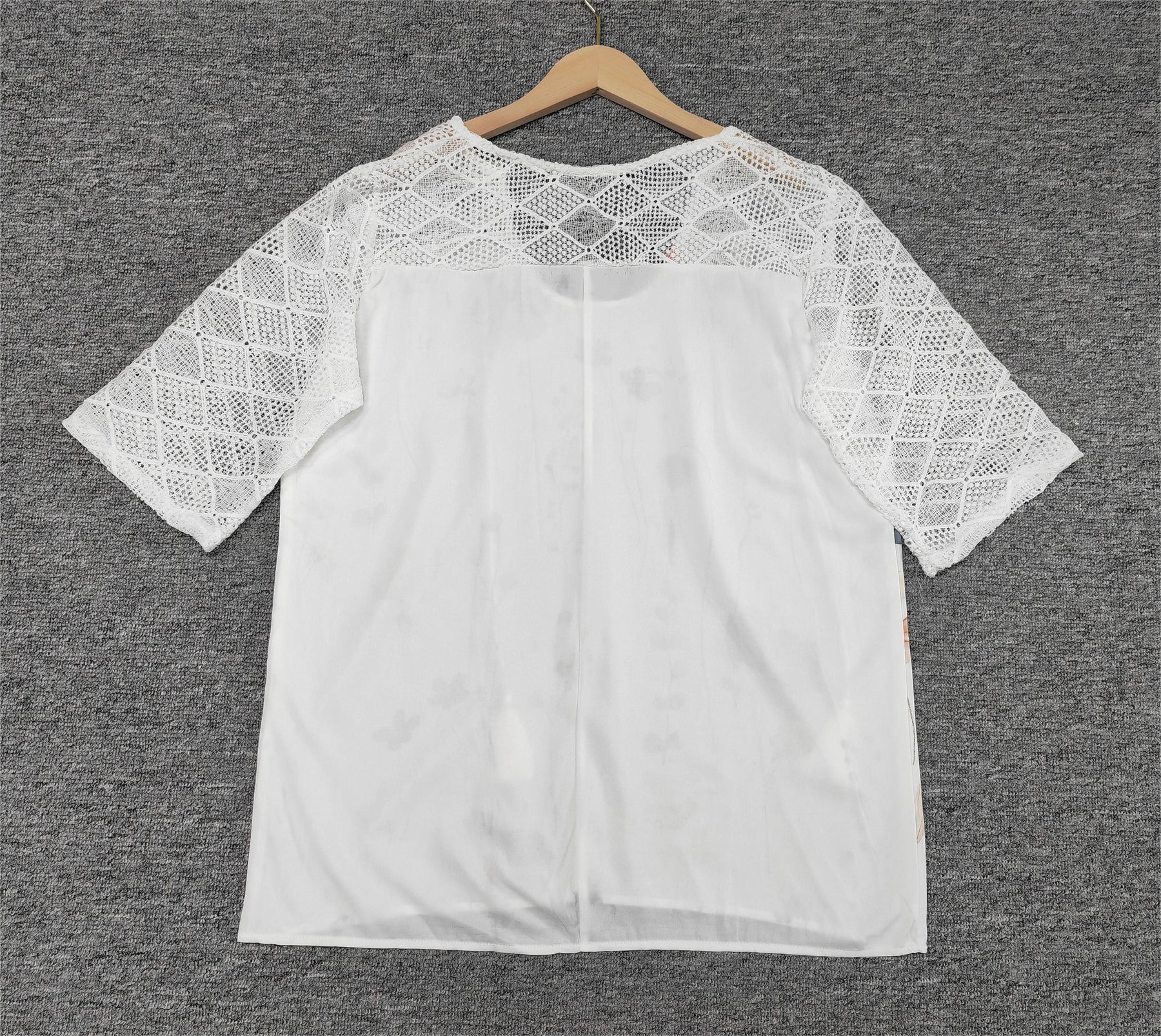 SpringStil® - Geo Lace Mesh Floral Print White ¾ Sleeve Top