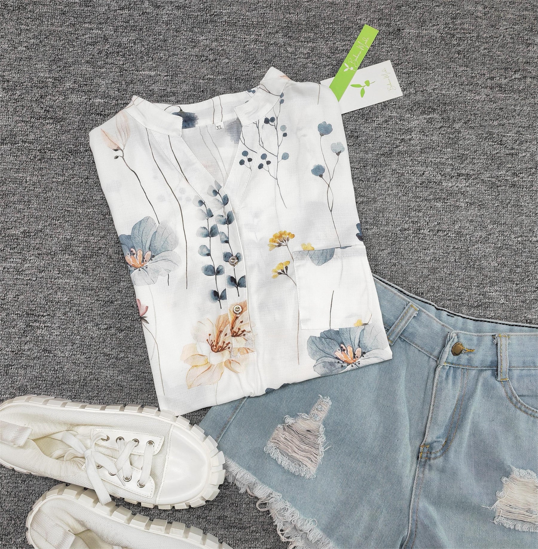 SpringStil® - Watercolor Flower Garden White Short Sleeve Top