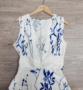 FallStil® - Royal blue white floral print midi dress