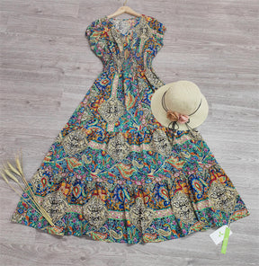 FallStil® - Colorful Paisley Gathered Waist Long Summer Dress