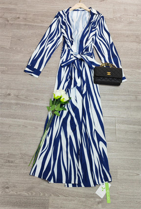 SpringStil® - Vertical striped midi dress with lacing in blue and white