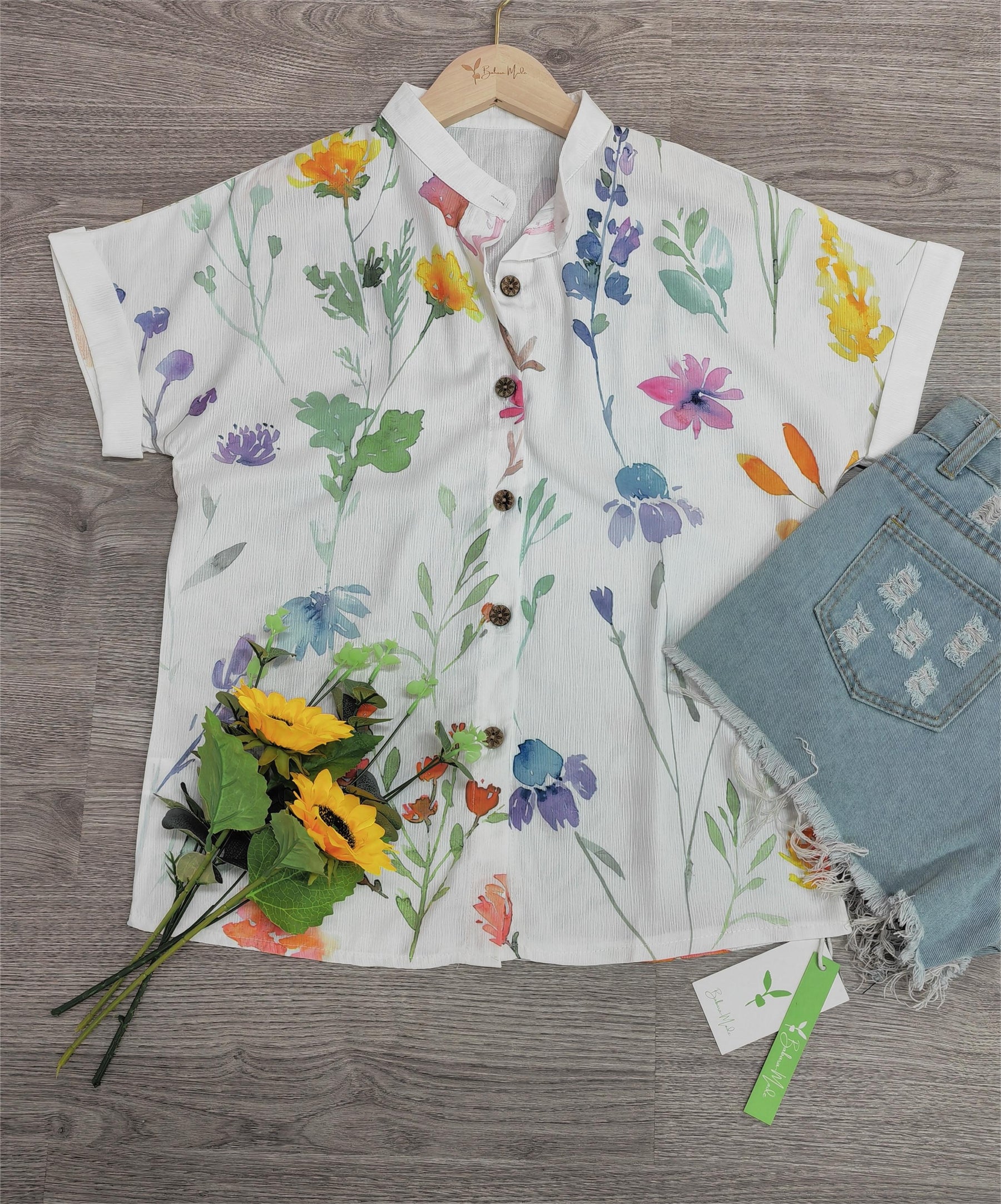 Naturlux® - White Spring Garden Floral Button Down Top