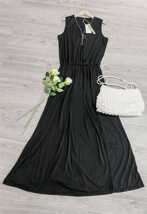 SpringStil® - Black sleeveless maxi dress with illusion pleats