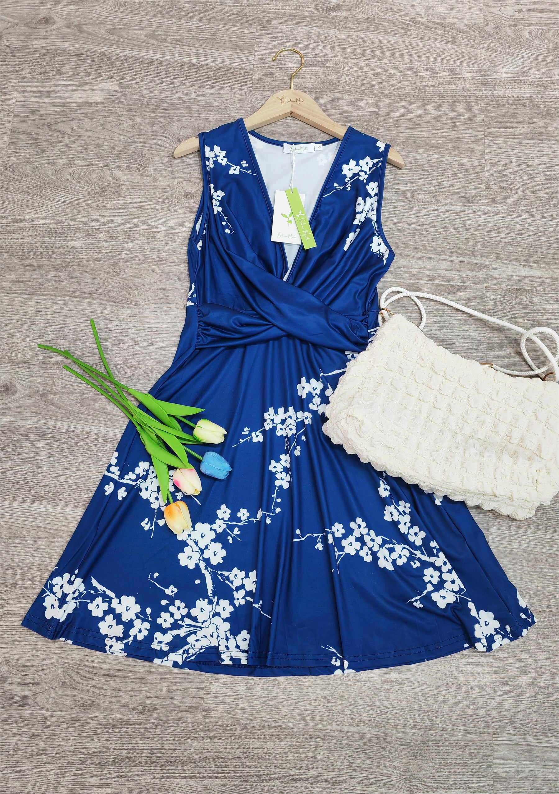 FallStil® - White Cherry Blossom Royal Blue Twist Front Midi Dress