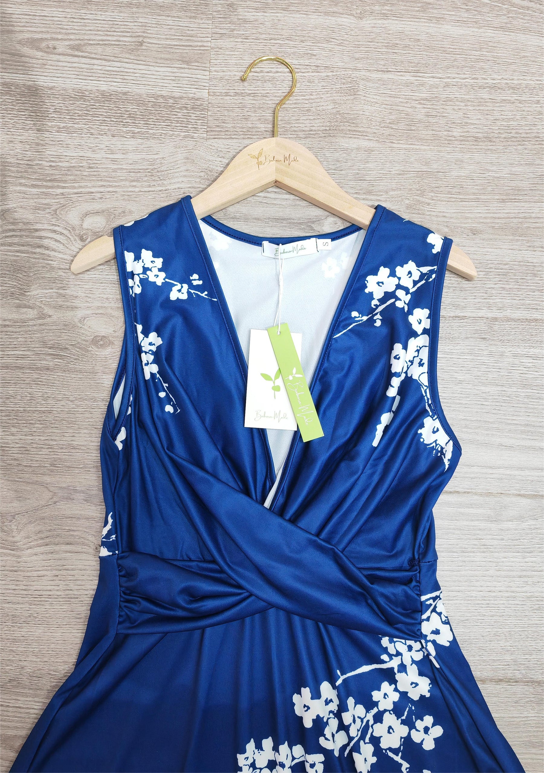 FallStil® - White Cherry Blossom Royal Blue Twist Front Midi Dress