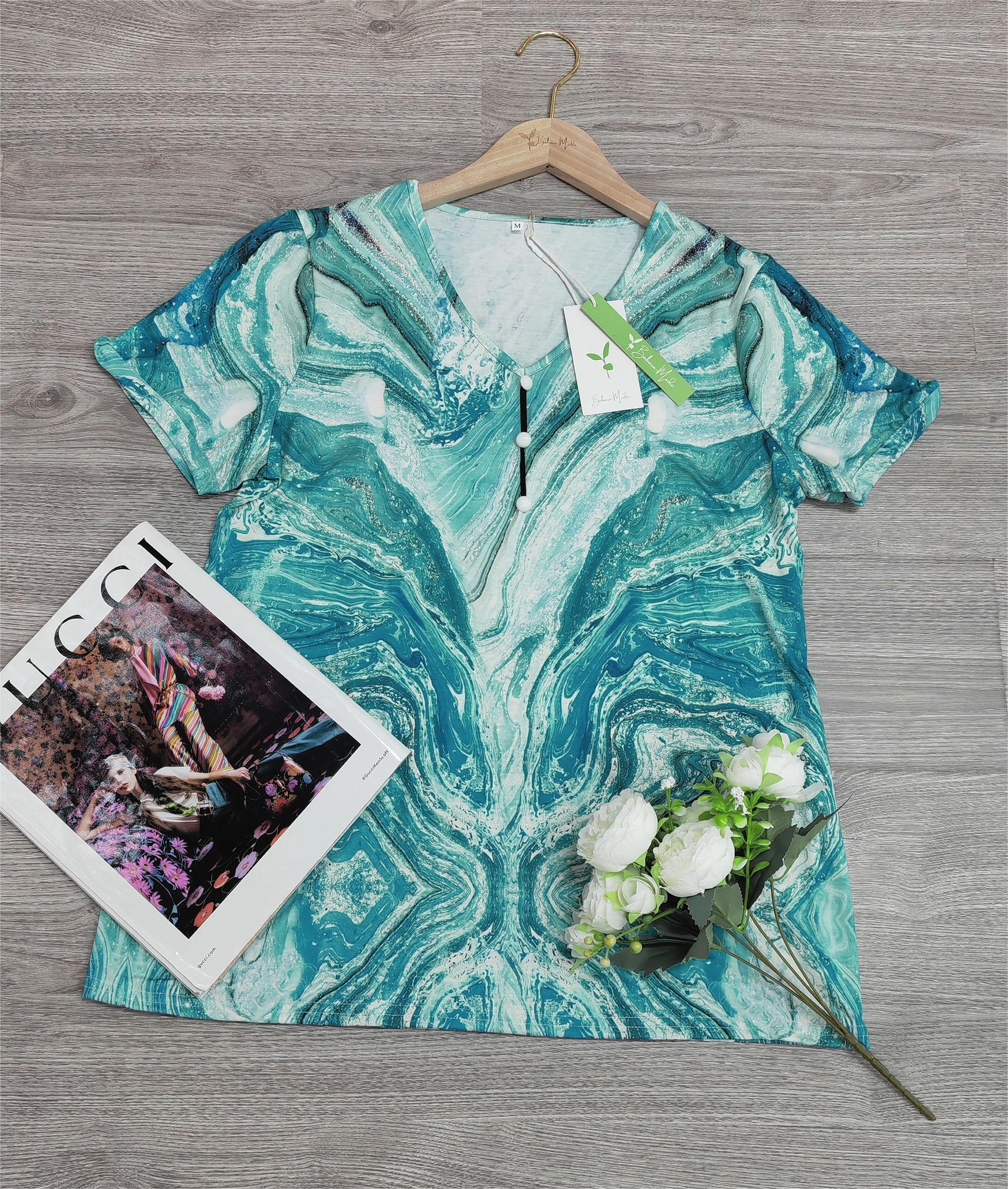 Naturlux® - Dreamy Blue Print Short Sleeve Top