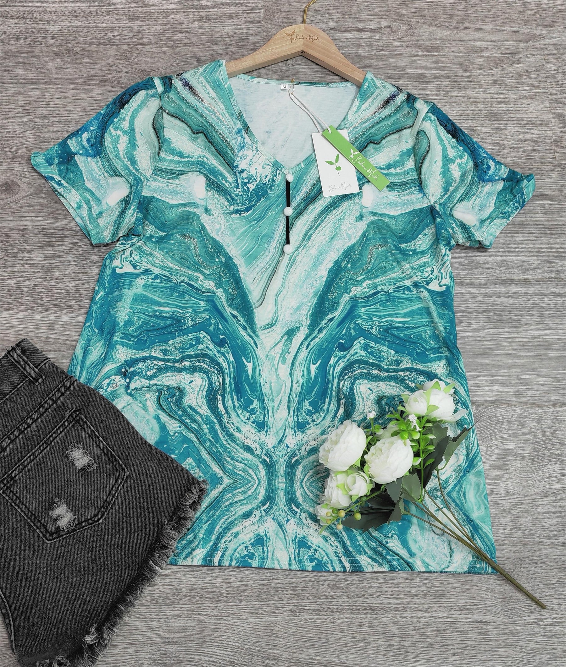 Naturlux® - Dreamy Blue Print Short Sleeve Top