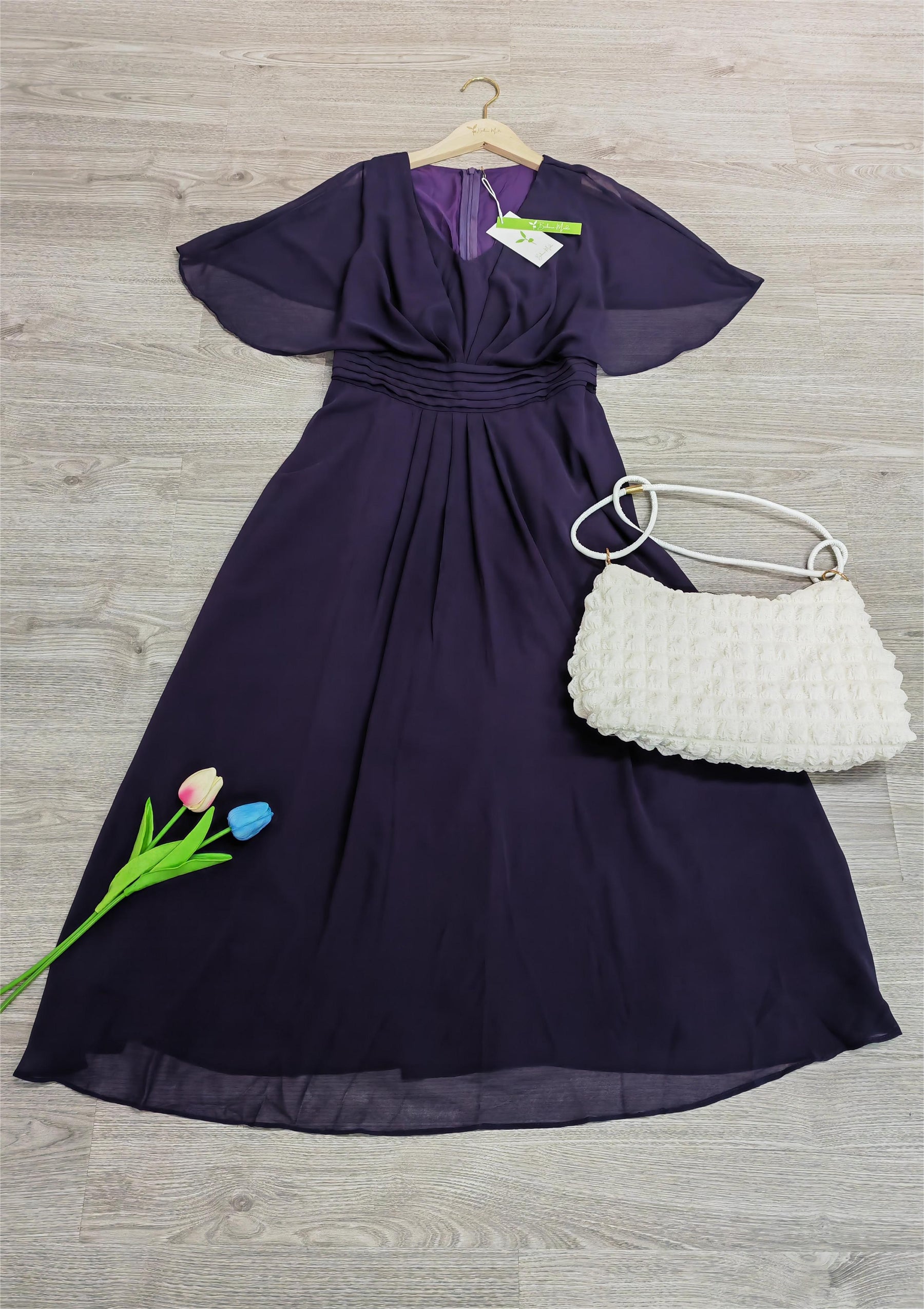 PureWear® - Purple plain midi dress with V-neck