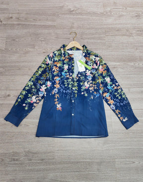 FallStil® - Blue blouse with floral print and leaves