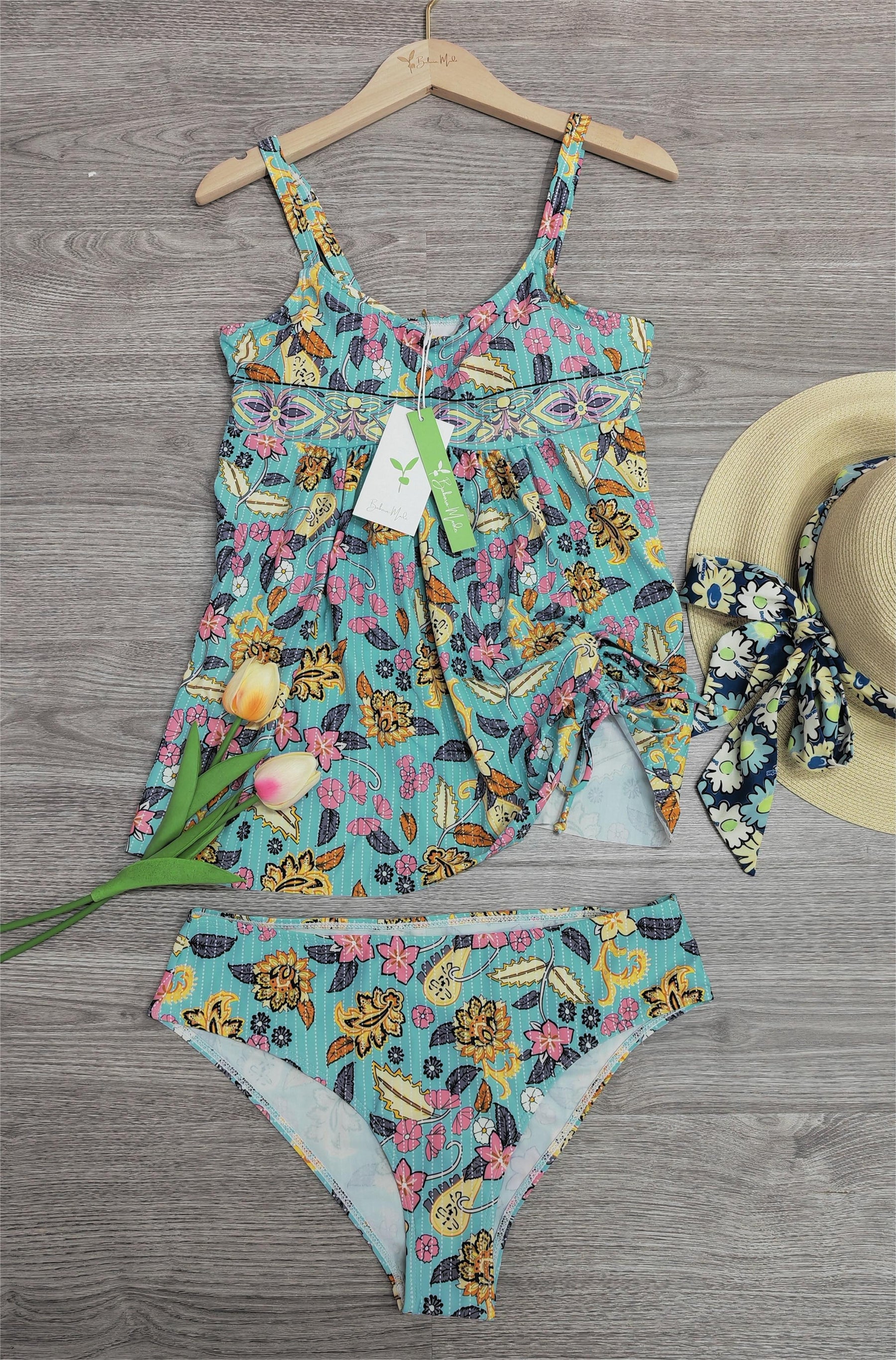 Naturlux® - Turquoise blue tankini swimwear with floral print