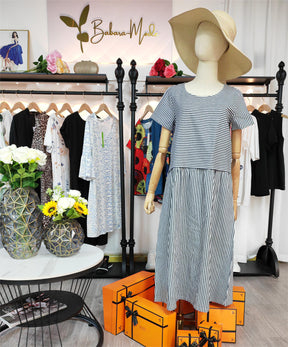 SpringStil® - Navy and white striped midi dress with short sleeves