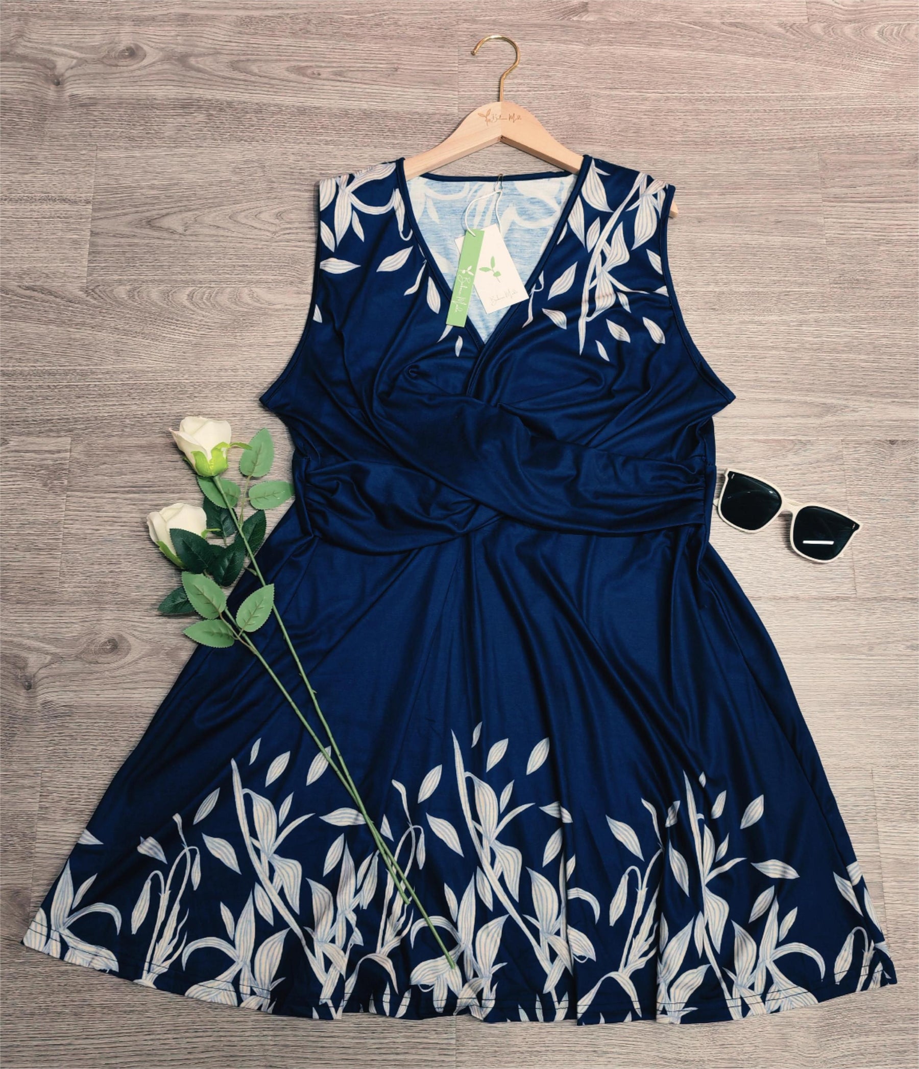 PureWear® - Navy floral midi dress with V-neck and wrap look