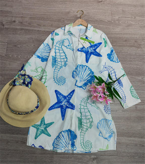 EcoExotica® - Starfish Shell Blue White Blouse Dress