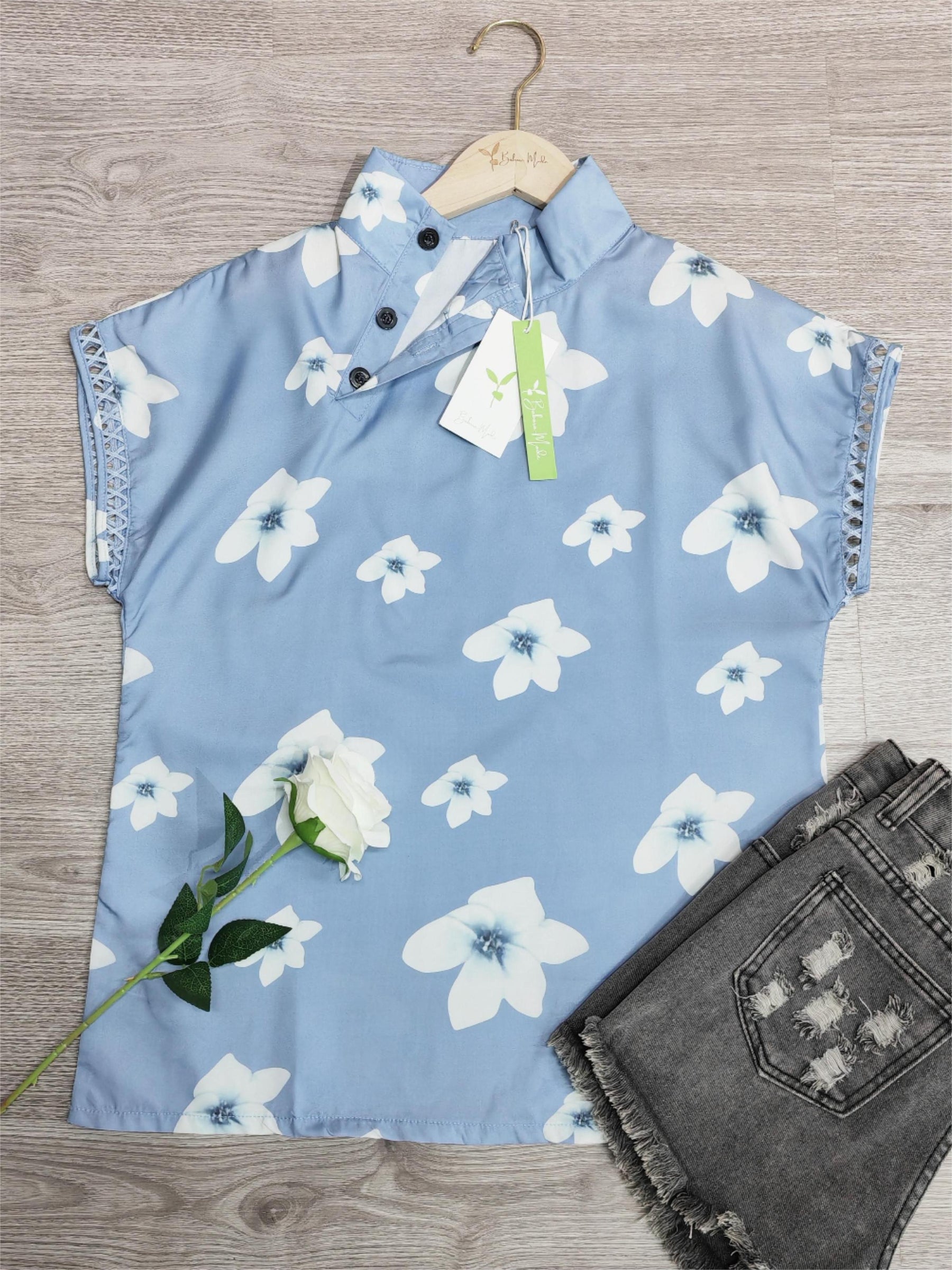 EcoExotica® - Short sleeve blue top with youthful floral print