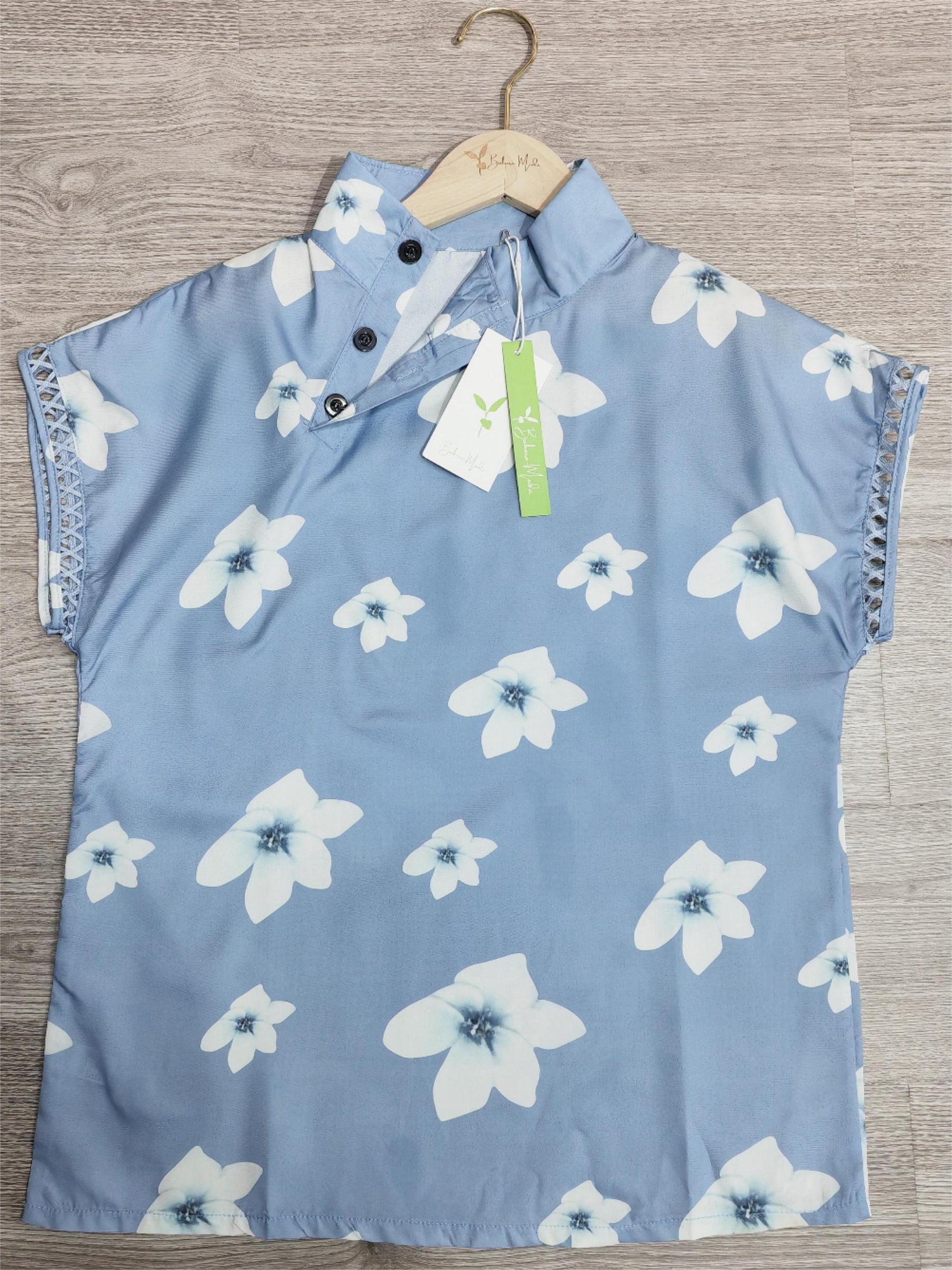 EcoExotica® - Short sleeve blue top with youthful floral print