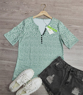 BlütenBliss® - Green White Floral Print Notch Neck Button Down Shirt