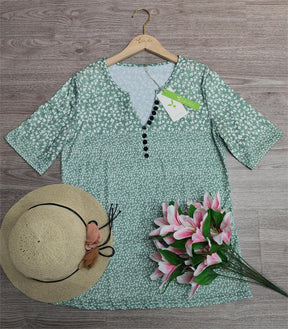 BlütenBliss® - Green White Floral Print Notch Neck Button Down Shirt