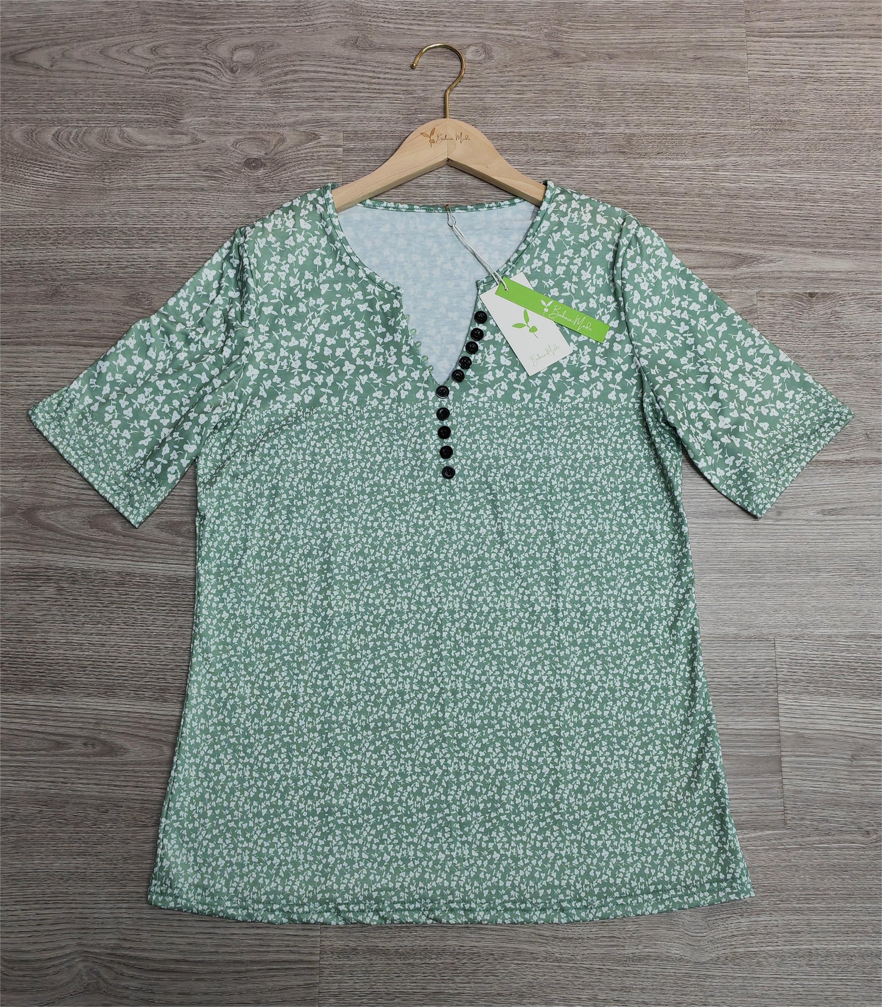 BlütenBliss® - Green White Floral Print Notch Neck Button Down Shirt