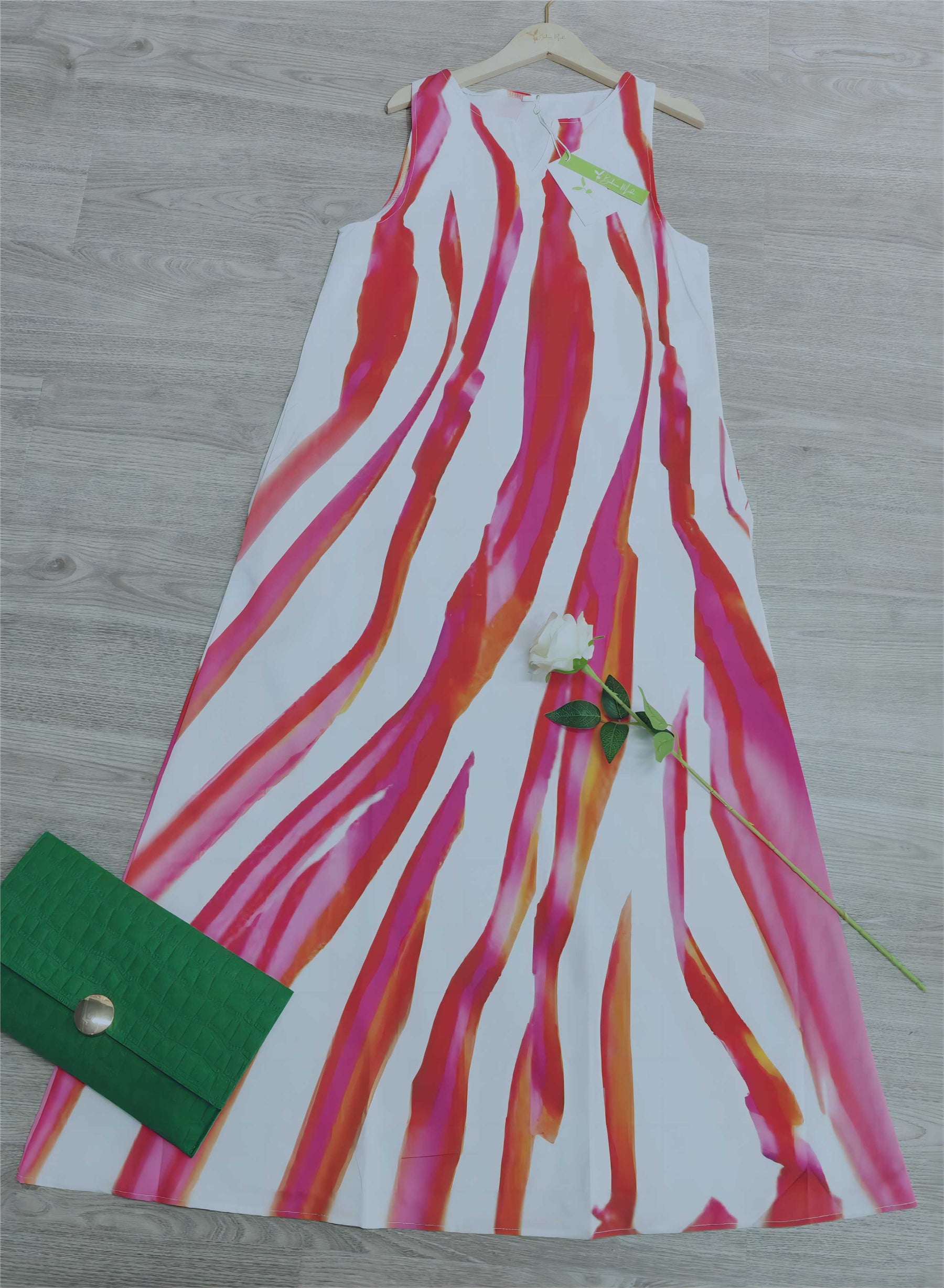 EcoExotica® - Stylish rose red striped sleeveless maxi dress 