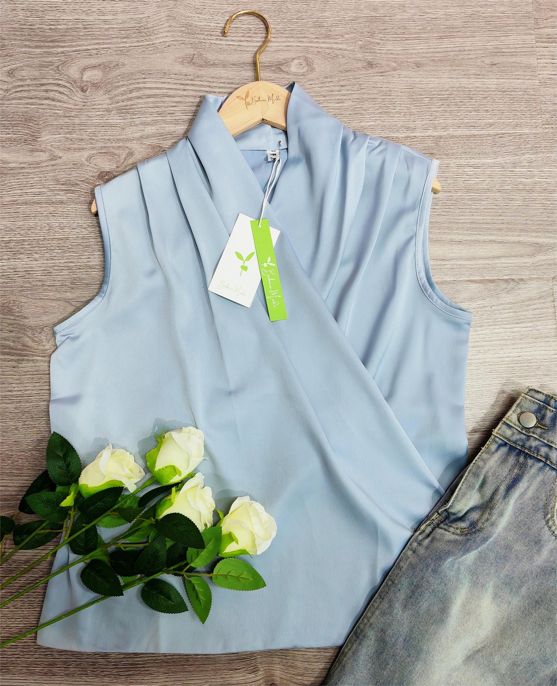 EcoExotica® - Blue plain sleeveless top with V-neck