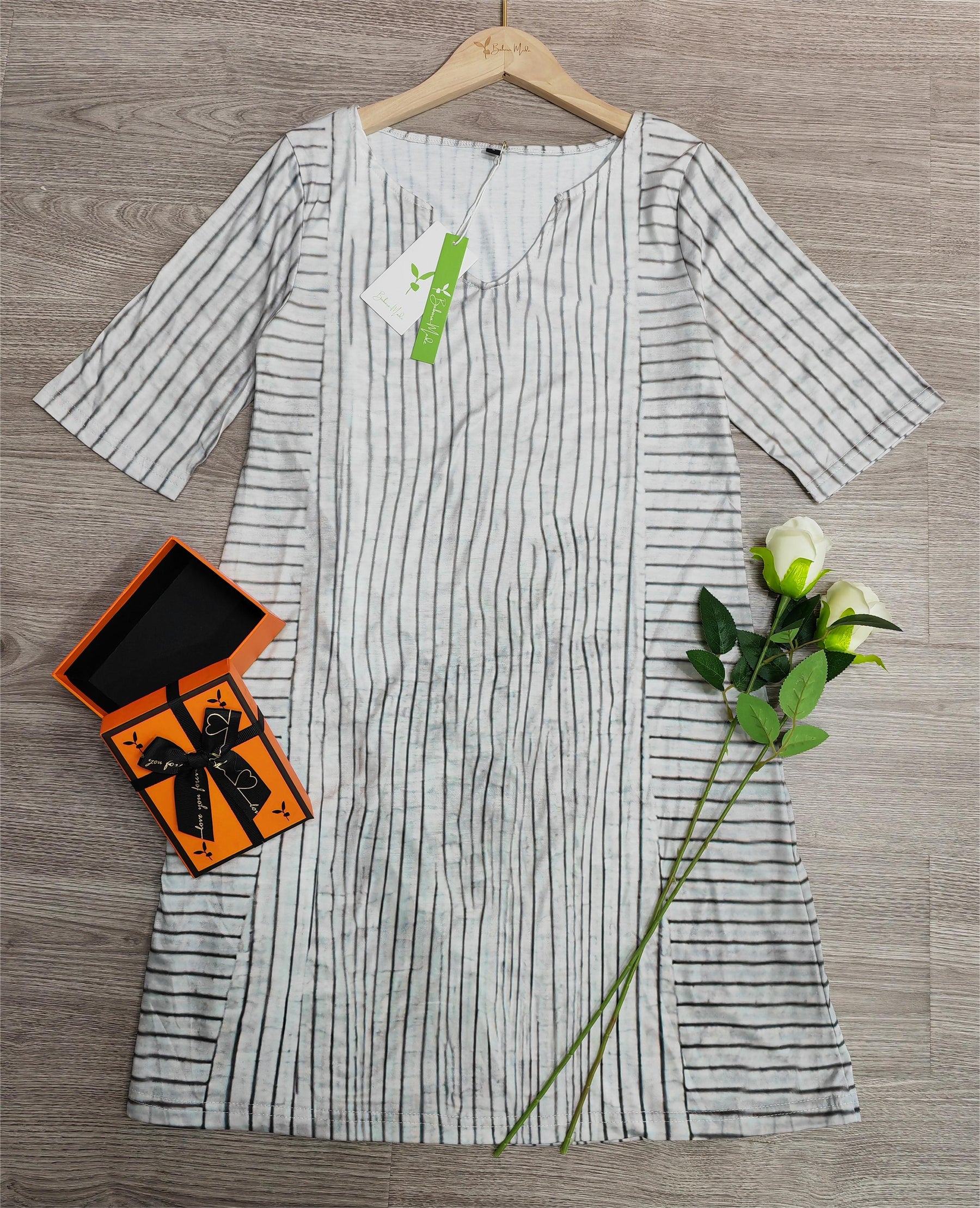 BlütenBliss® - Grey striped mini dress with half sleeves