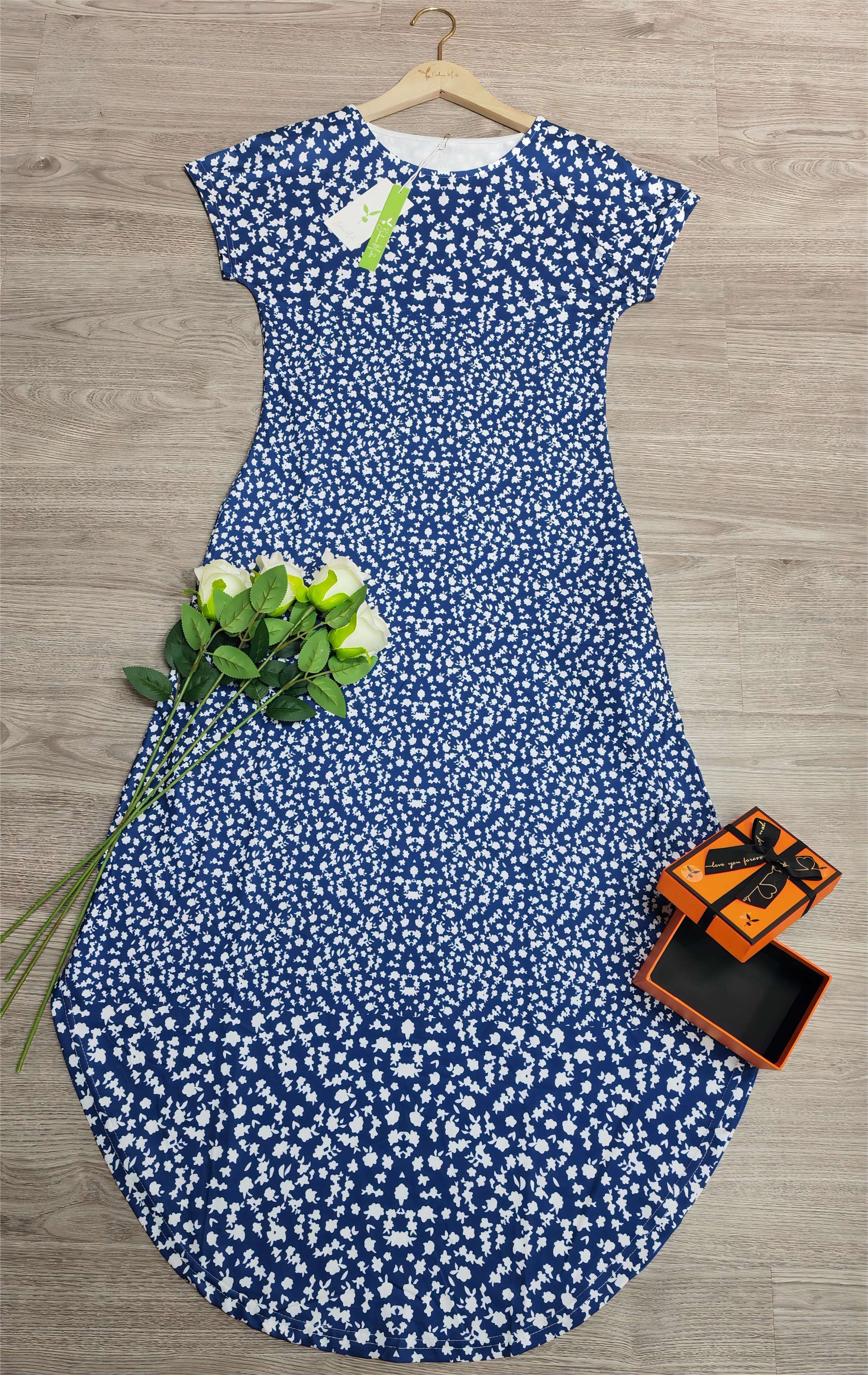 FallStil® - Royal Blue White Floral Print Round Collar Midi Dress