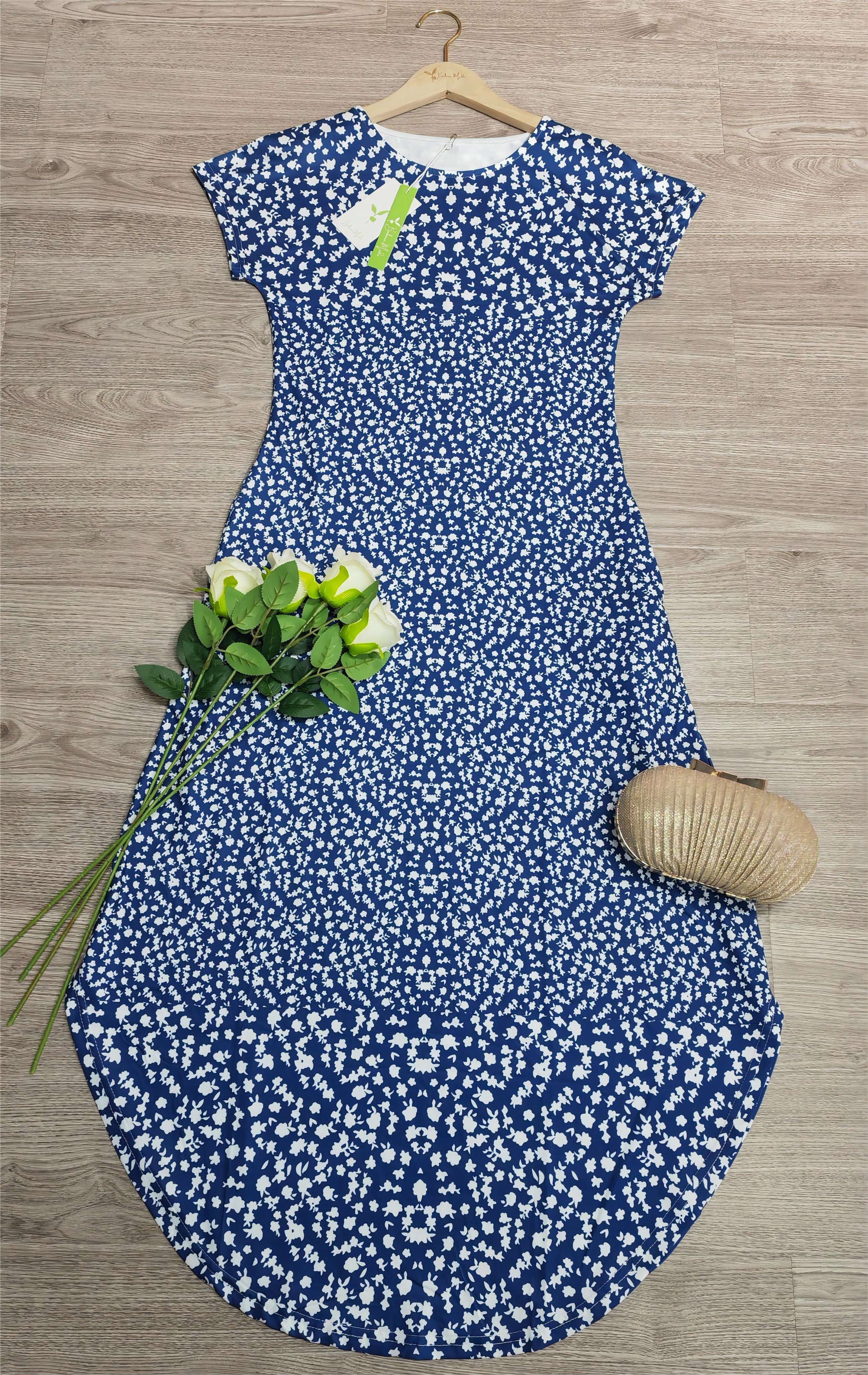 FallStil® - Royal Blue White Floral Print Round Collar Midi Dress