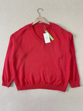 WinterStil® - Solid red sweater with V-neck for a good mood