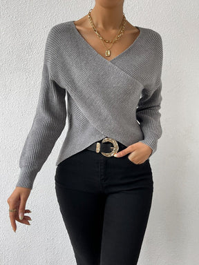 BlütenBliss® - Grey knitted sweater with V-neck and long sleeves