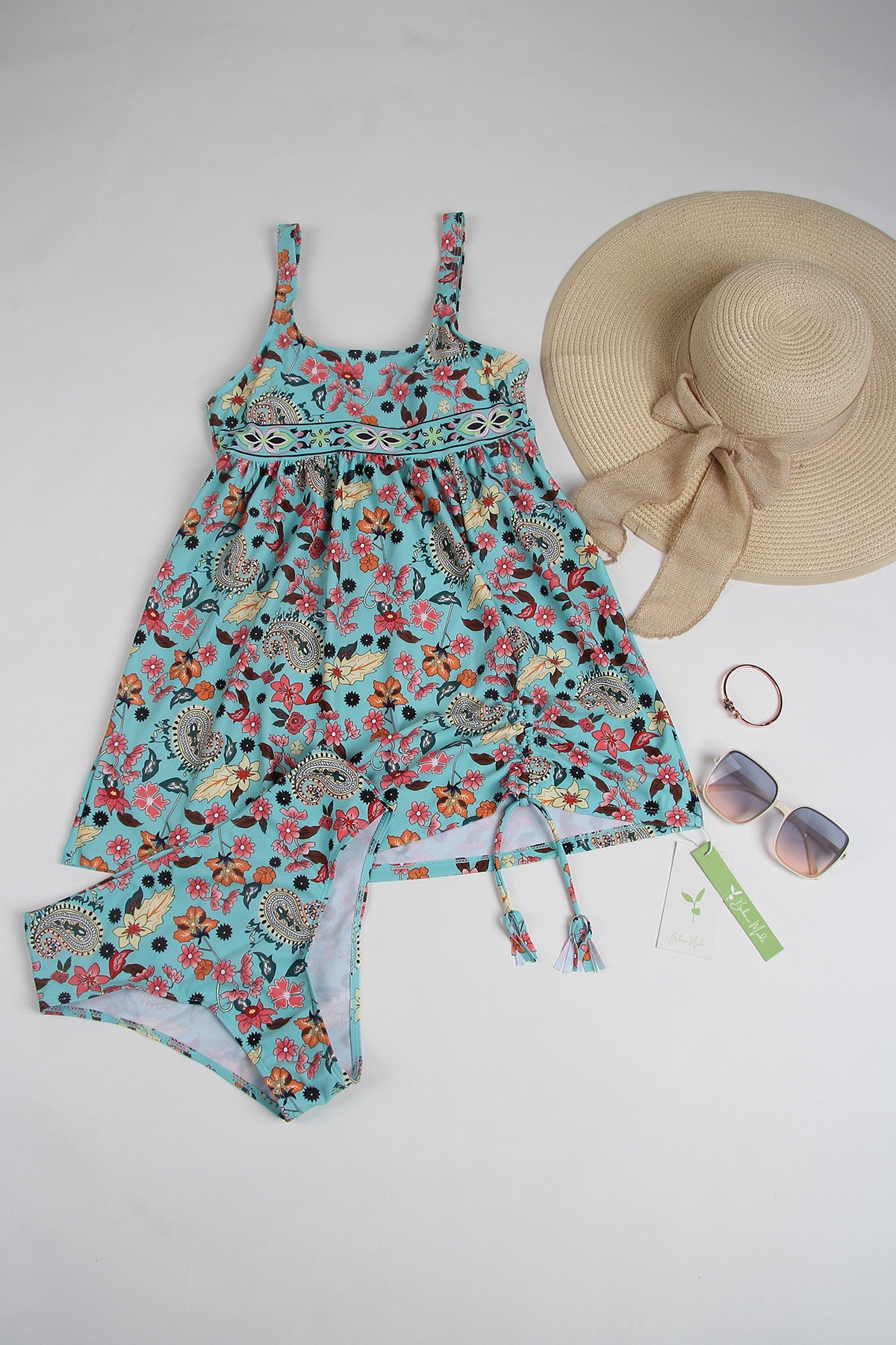 SpringStil® - Turquoise blue tankini swimsuit with floral print