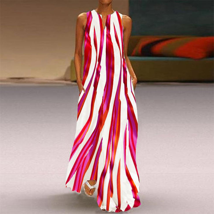 EcoExotica® - Stylish rose red striped sleeveless maxi dress 