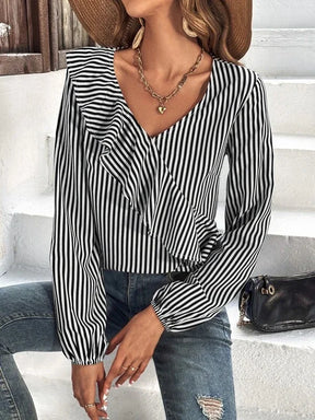 FallStil® - Ruffled black and white striped long sleeve top