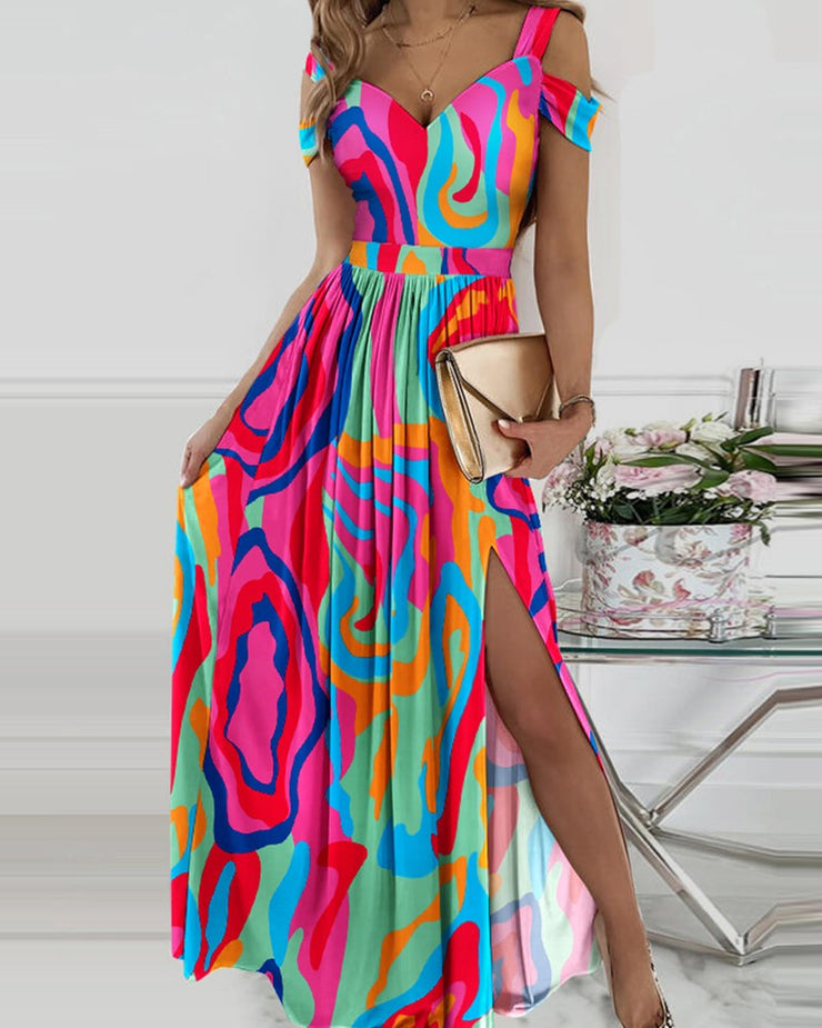 SpringStil® - Colorful Swirl Cold Shoulder Dress with High Slit Maxi Dress