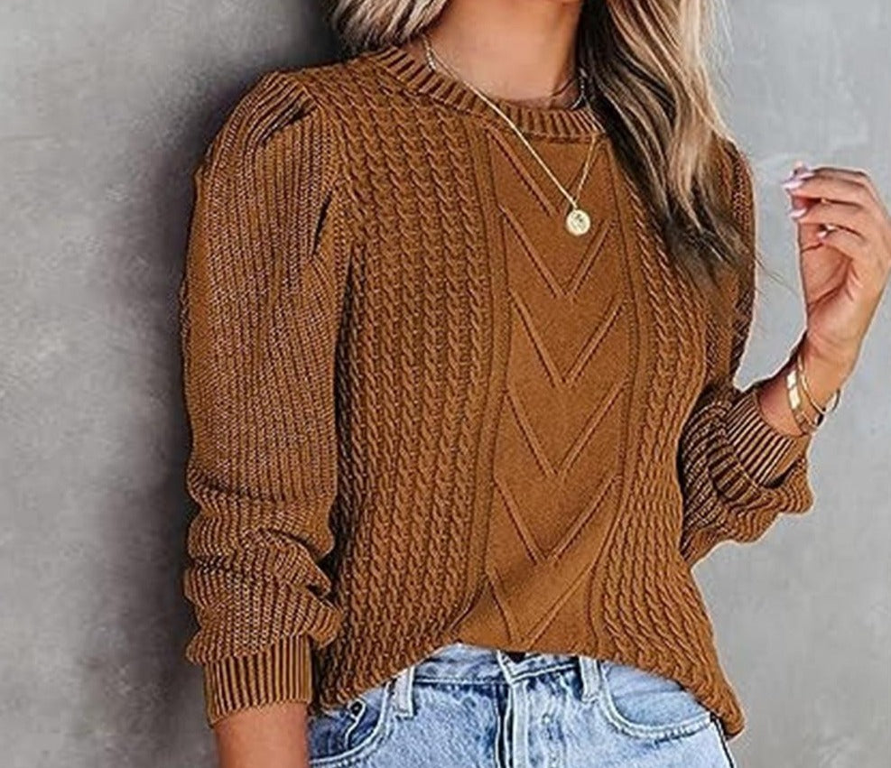 WinterTrend® - Brown plain long-sleeved sweater with round neck