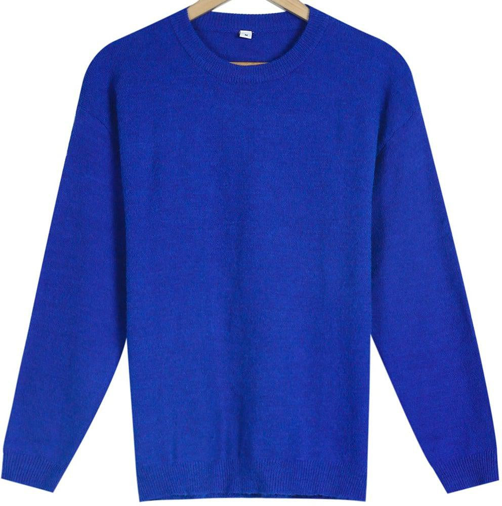 Monci® - Casual Blue Solid Color Round Neck Long Sleeve Sweater