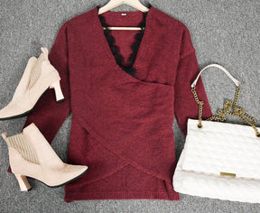 Monci® - Burgundy Criss-Cross Draped Long Sleeve Top