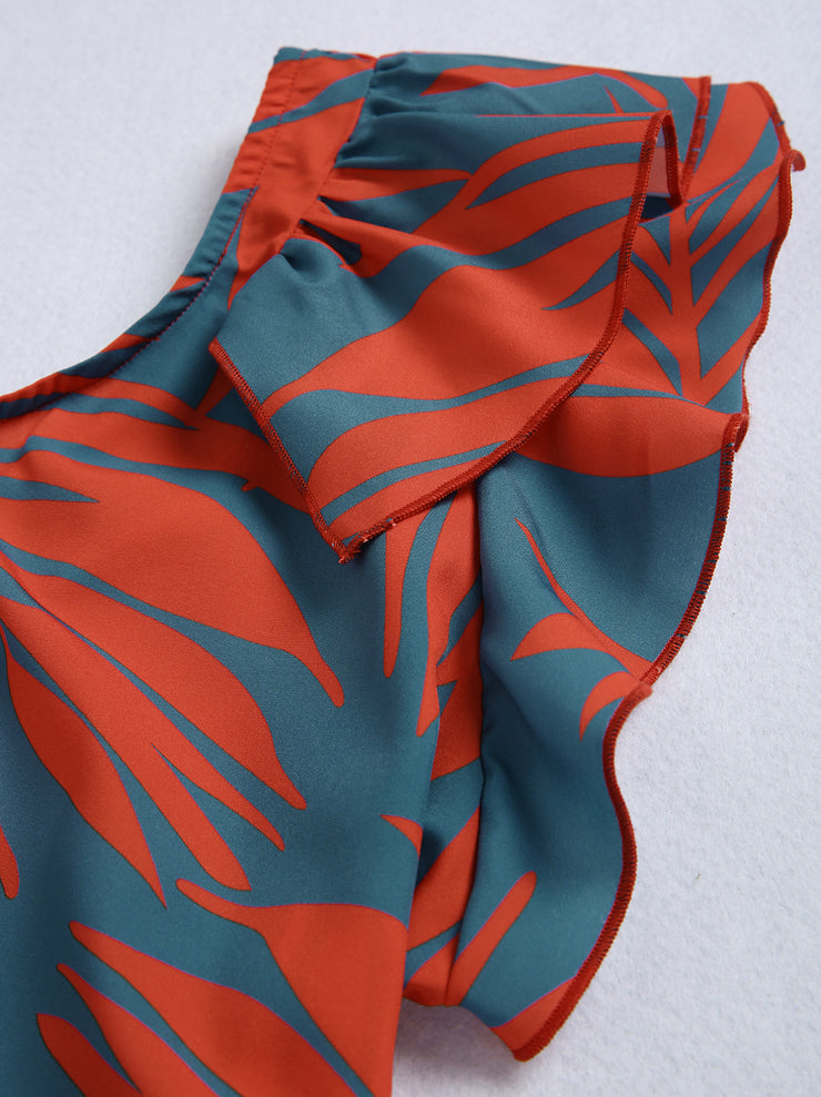 FallStil® - Maui Orange Palmetto Blue Asymmetrical Maxi Dress with Ruffles