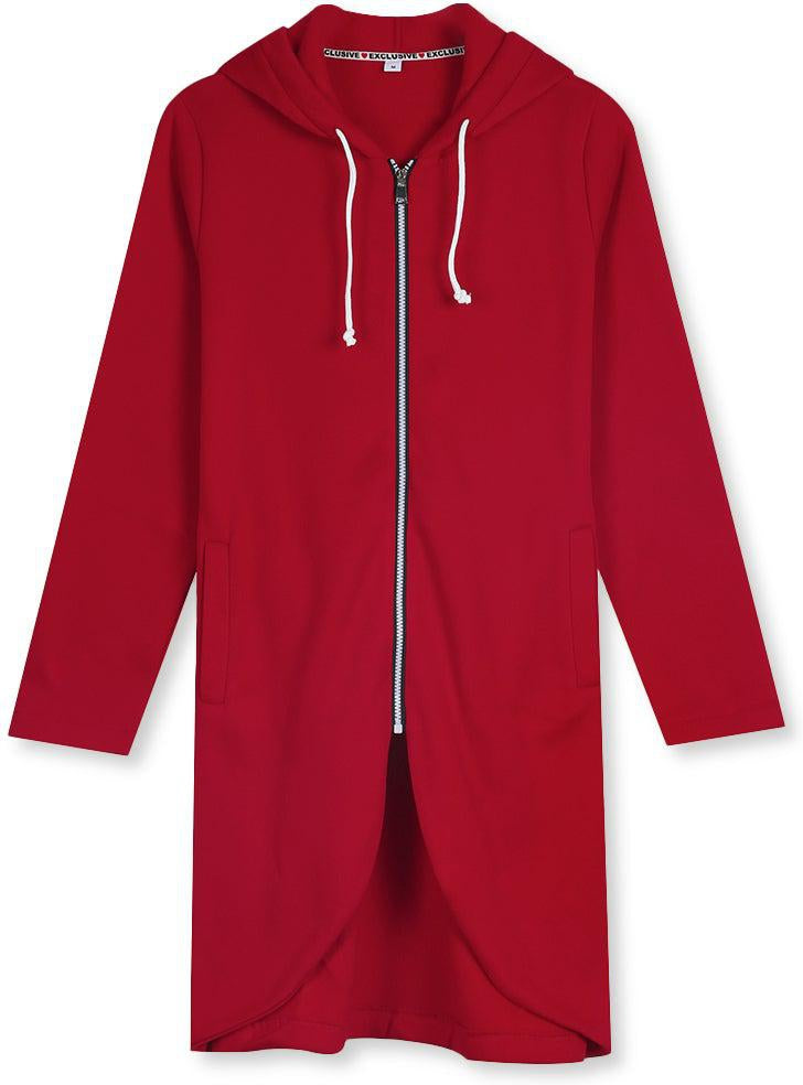 Even&amp;Vil® - Motor Red Uneven Hem Zip Up Hoodie Cardigan