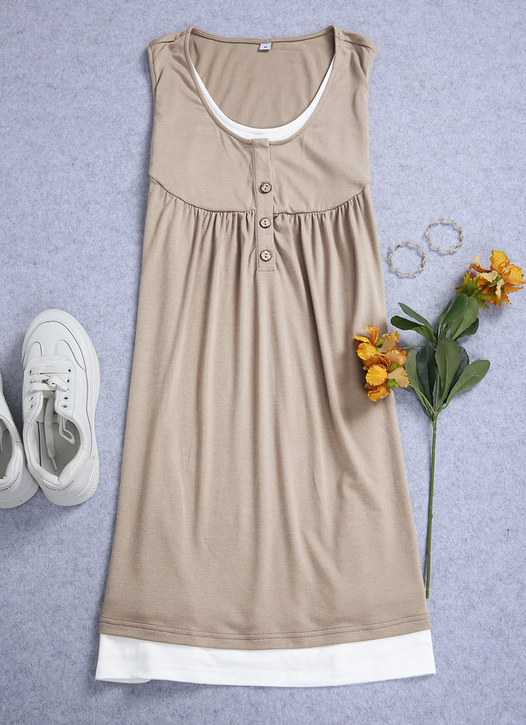 PureWear® - Khaki sleeveless smocked mini dress with button placket