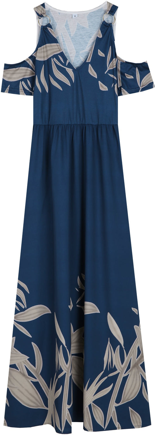 Purewear®- Cobalt blue summer maxi dress with pleated V-neck and cold shoulders