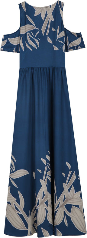 SpringStil® - Cobalt blue summer maxi dress with pleated V-neck and cold shoulders