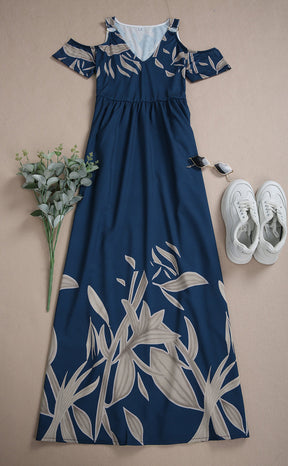 Purewear®- Cobalt blue summer maxi dress with pleated V-neck and cold shoulders