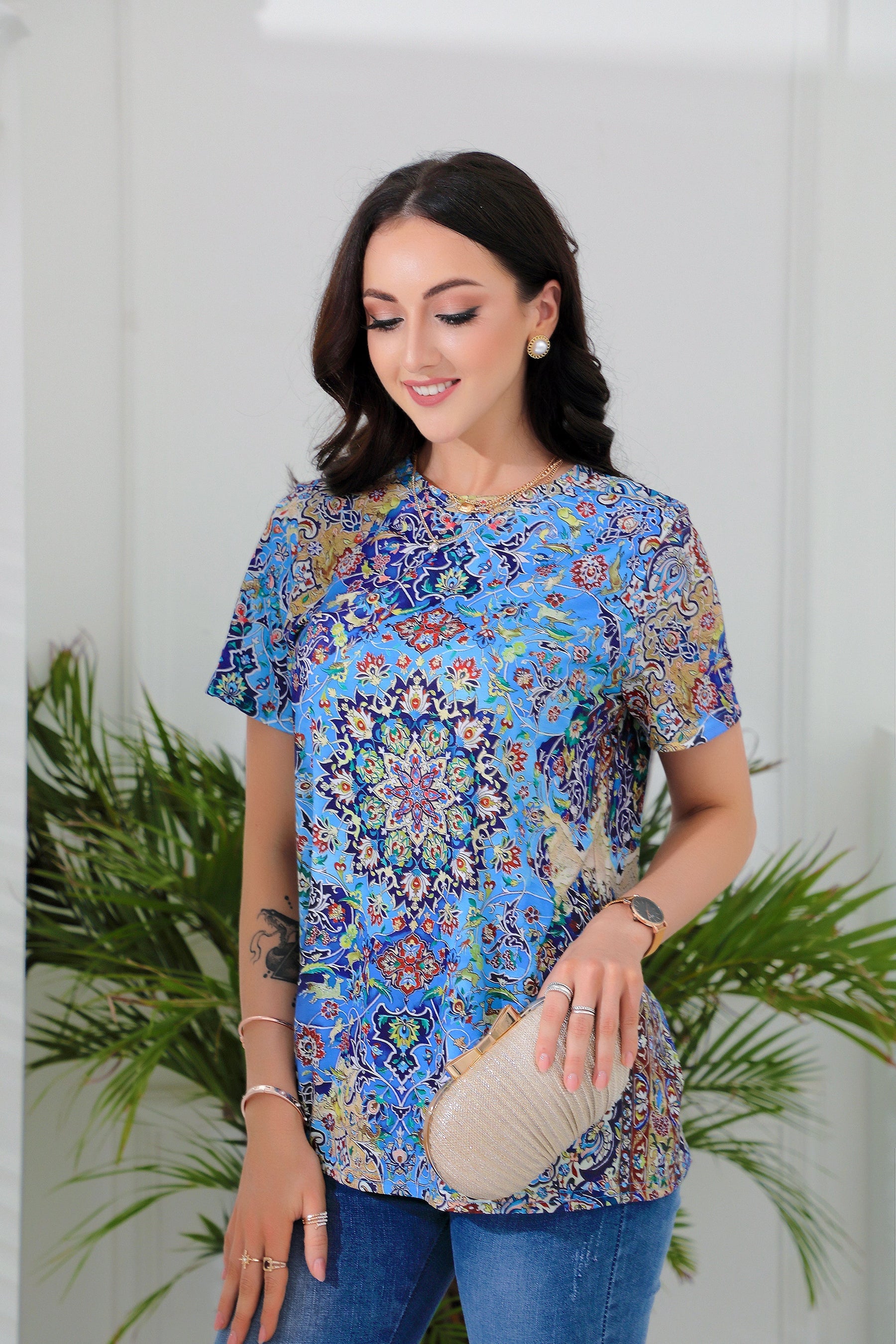 SpringStil® - Beautiful short-sleeved top with blue print