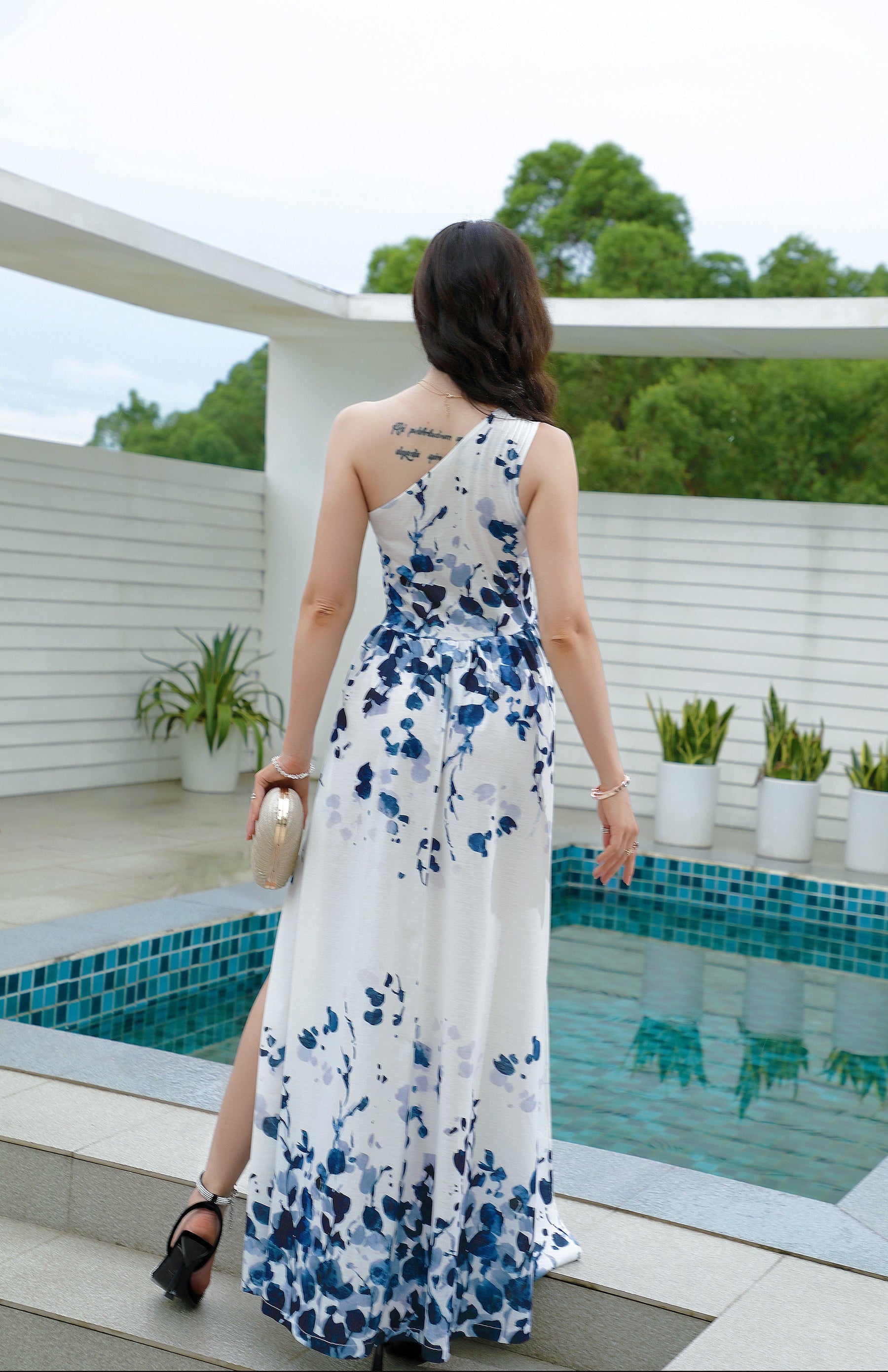 SpringStil® - Chic one shoulder maxi dress with print