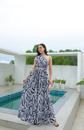 SpringStil® - White Black Zebra Print Asymmetric Maxi Dress with Front Slit