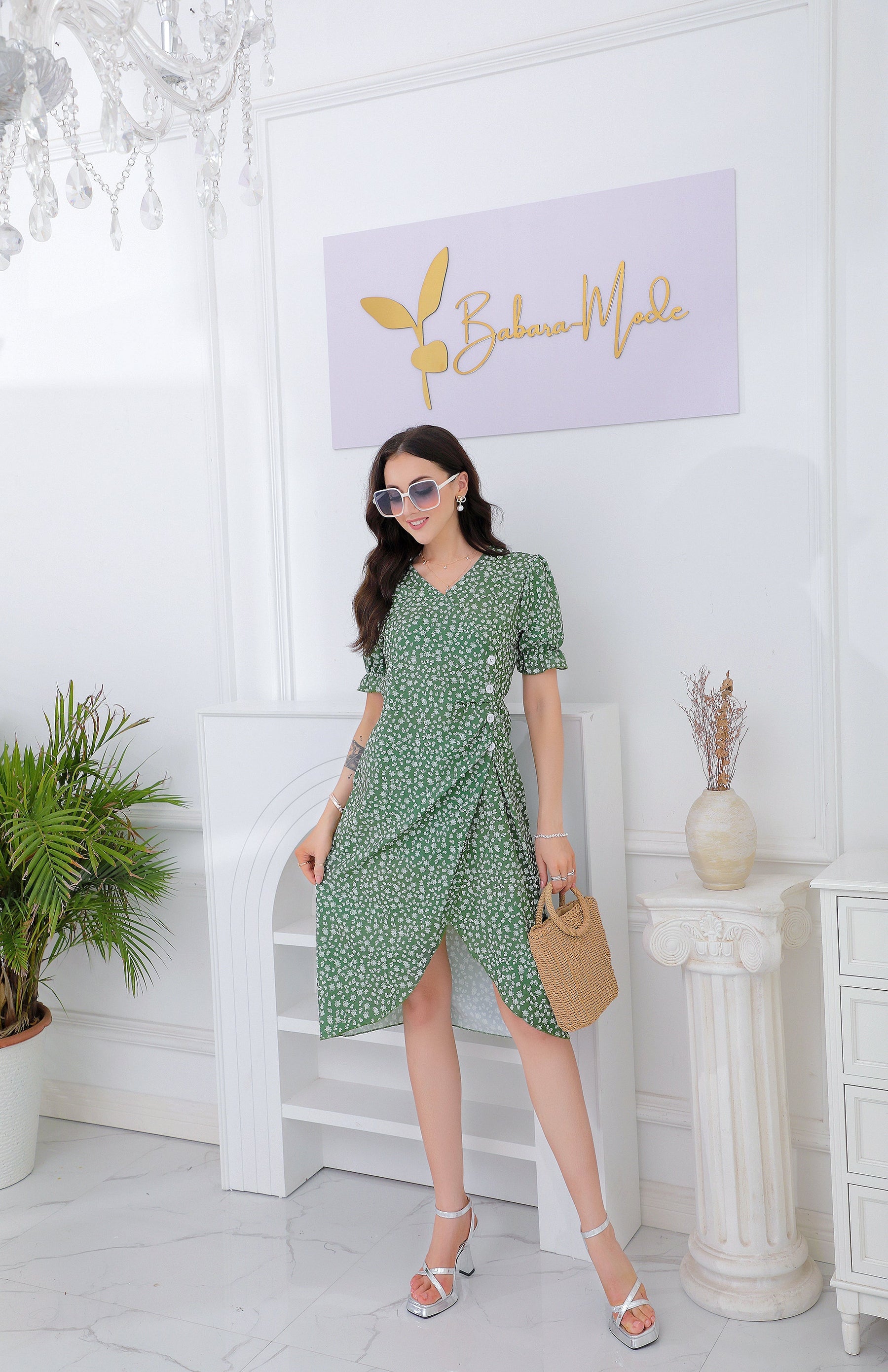 SpringStil® - Fresh short sleeve green midi dress