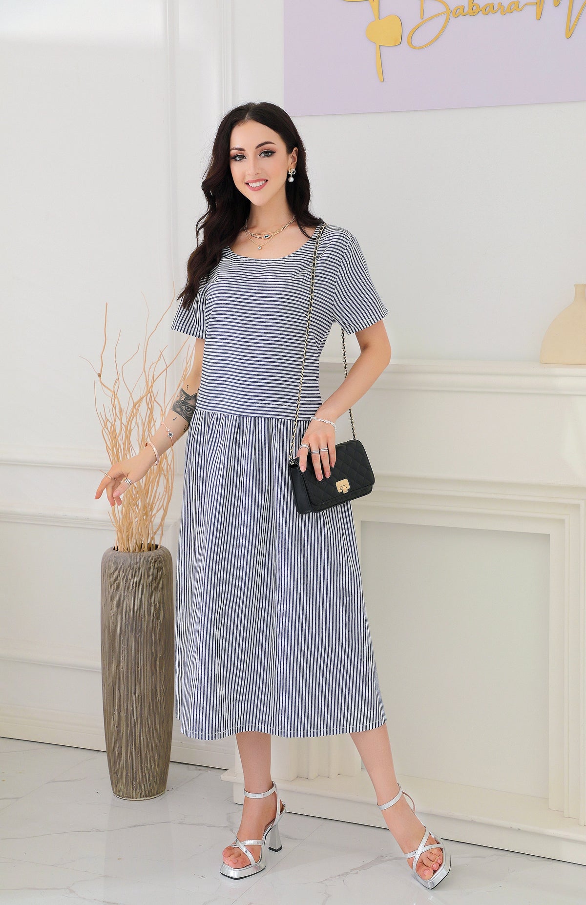 SpringStil® - Navy and white striped midi dress with short sleeves