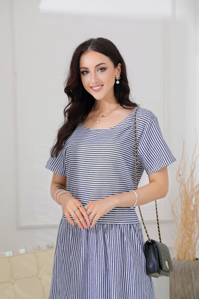 SpringStil® - Navy and white striped midi dress with short sleeves