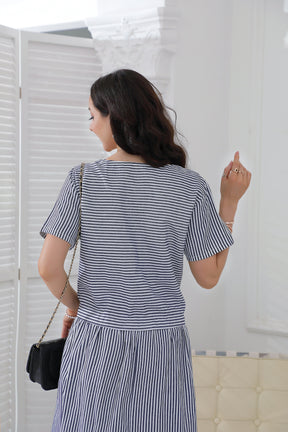 SpringStil® - Navy and white striped midi dress with short sleeves